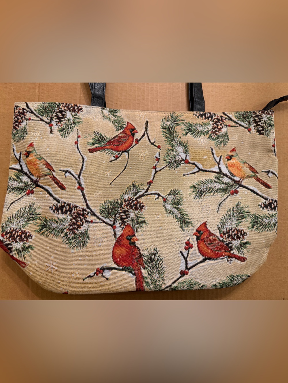 Cardinal Print Cream Jacquard Tote with Black Straps